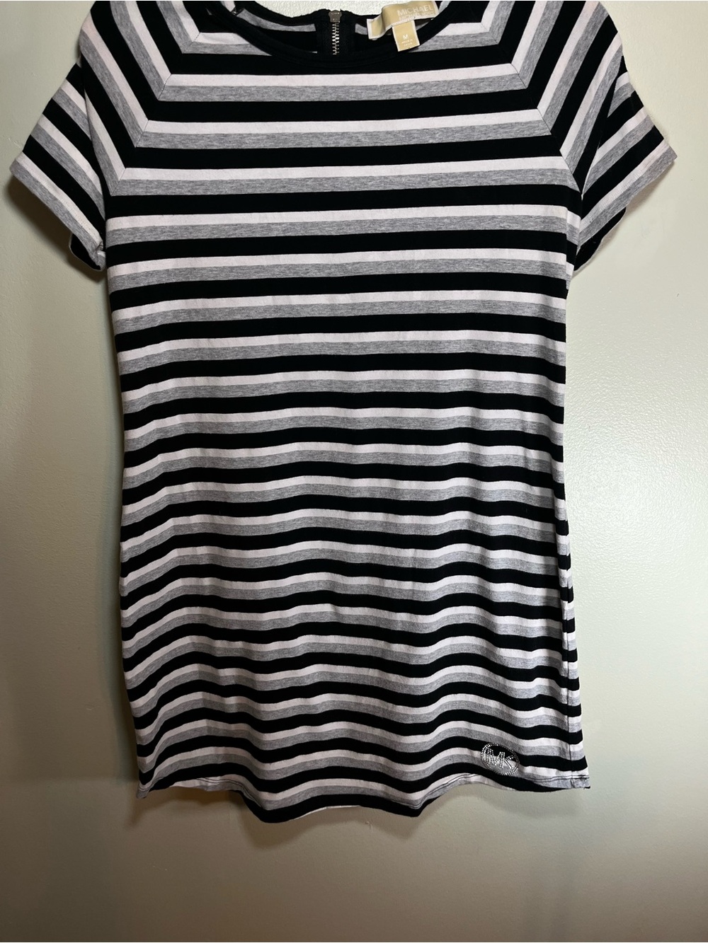 MICHAEL Michael Kors Black Grey White Striped Back-Zip T-Shirt Dress Size M